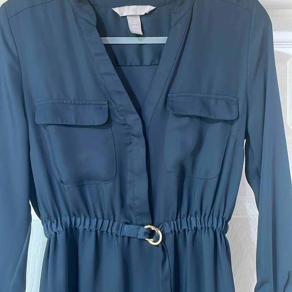 H&M Dress Size 4 Blue Long Sleeve Belted V-Neck Mini Lightweight - Picture 4 of 11